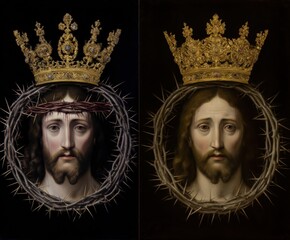 Obraz premium Two heads of christ with crown of thorns and gold crown on black background. Religious art for Good Friday display.
