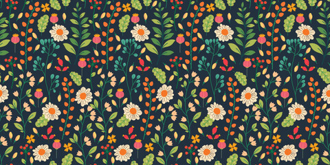 Seamless Floral Pattern with Hand Drawn Colorful Wildflowers, Leaves, and Berries on a Green Background. Botanical backdrop perfect for print, wrapping paper, cards, banners, web.