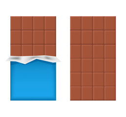 Milk chocolate bar. Chocolates in a blue wrapper. Unwrapped chocolate bar, vector clipart isolated on white background.