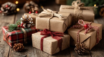 Wrapped gifts and pine cones arranged on a wooden table, warm rustic holiday decor in natural light.