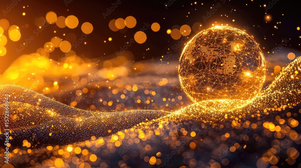 Poster illuminating digital sphere abstract setting 3d rendering glittering environment close-up view futur