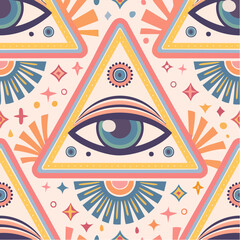 Seamless vector pattern with psychedelic religion symbols. Retro groovy graphic background with triangle and abstract eye. Vintage hippy texture