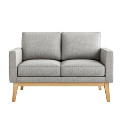 Modern light gray fabric loveseat sofa with natural wood legs isolated on transparent background