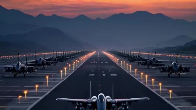 Military jets lined up on a runway at dusk