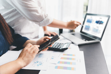 Business meeting, data analytics or women with graph presentation in office. Chart, analysis...