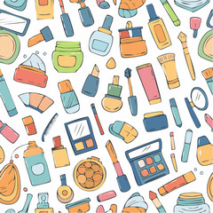 Doodle beauty make up seamless pattern. Background with hand drawn cosmetics. Brush, nail polish, foundation, perfume, eye shadow, mascara, mirror, cream, lipstick. Outline vector ...