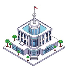 An isometric illustration of a multi-story hospital building with a central dome and surrounding trees.