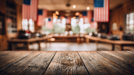 Empty Wooden Table with Blurred Hawaiian Celebration Background Scene for Father Damien Day