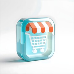 A clear blue 3D icon depicting a shopping cart beneath a striped awning, representing online shopping or a store.