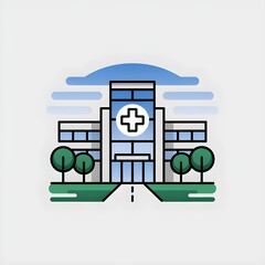 A clean, stylized illustration of a modern hospital building with a prominent cross symbol