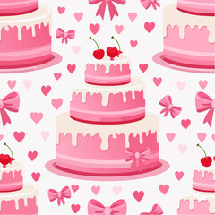 Seamless vector pattern with cute coquette cake. Pink dessert with cherry and bows on background. Texture for girl birthday, anniversary, wedding ...