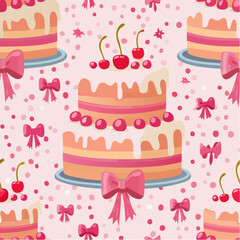 Seamless vector pattern with cute coquette cake. Pink dessert with cherry and bows on background. Texture for girl birthday, anniversary, wedding ...
