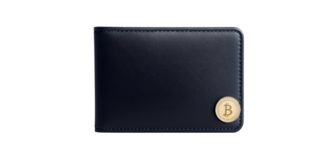 Elegant black wallet with bitcoin logo embellishment on corner