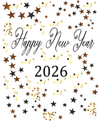 A cheerful New Year 2026 design featuring gold confetti on a clean white background.
