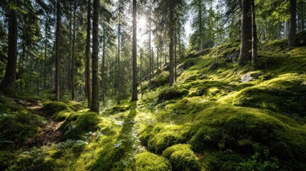 Obraz premium Sunlight filtering through a mossy forest