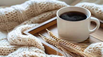 Cozy beige coffee mug on wooden tray accompanied by cream blanket and dried wheat decor