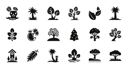 Set of Vector Icons Collection of Black and White Tree Icons Silhouettes and Plant Illustrations. Vector Illustrations. EPS Editable