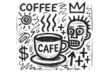A black and white coffee-themed vector features a steaming cup with bold black outlines, capturing warmth, aroma, and minimalist café vibes.

