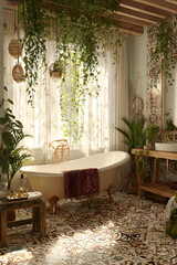 Eclectic Bohemian Bathroom with Vibrant Tiles and Cascading Greenery