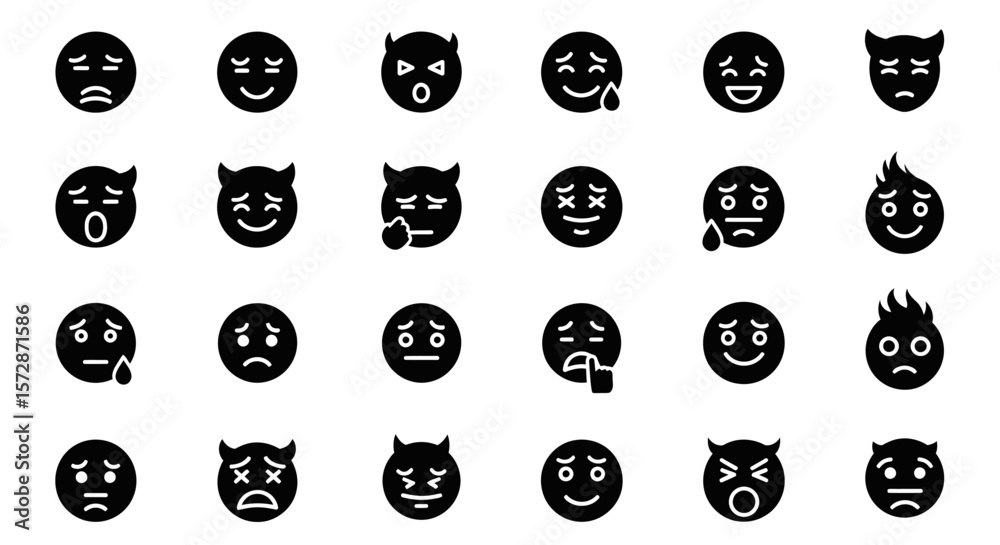Poster set of vector icons collection of black round emoji icons with various expressions and styles. vecto