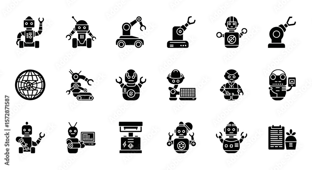 Poster set of vector icons collection of black robot icons depicting various designs and functions. vector 