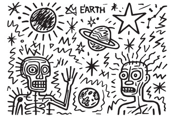 A black and white universe vector shows planets, stars, and galaxies outlined in black, reflecting cosmic mystery, wonder, and infinite exploration.

