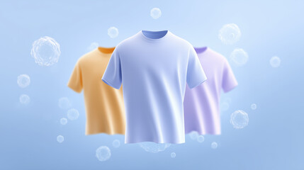 Three colorful t-shirts displayed against a soft blue background, showcasing vibrant hues and textures, ideal for fashion design mockups and textile presentations