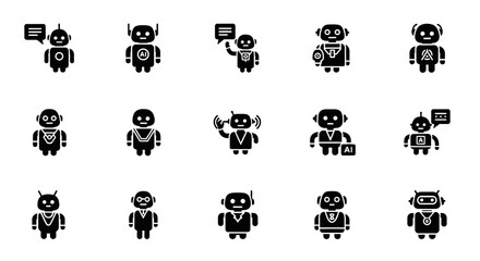 Set of Vector Icons Collection of Black Robot Icons with Various Designs and Features. Vector Illustrations. EPS Editable