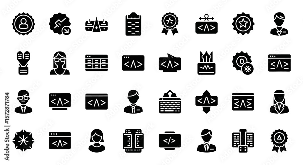 Poster set of vector icons collection of black solid style web development and programming icons. vector il