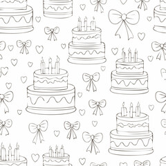 Seamless vector pattern with hand drawn line art cake with candles and bows. Background with dessert for valentine day, birthday, wedding. Vintage scribble wallpaper, wrapping paper, textile ...