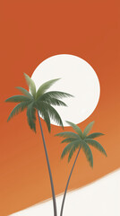 Tropical scene featuring two palm trees silhouetted against a vibrant orange sunset with a large white sun, creating a serene and peaceful atmosphere for relaxation and escape