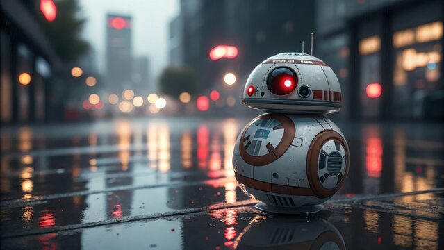 Futuristic robot companion navigates rainy city streets at night