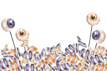 Halloween trick or treat party banner template with striped purple and orange candies and eye lollipops watercolor illustrations. October scary night frame for kid's party card,poster design