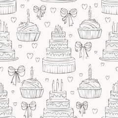 Seamless vector pattern with hand drawn line art cake with candles and bows. Background with dessert for valentine day, birthday, wedding. Vintage scribble wallpaper, wrapping paper, textile ...