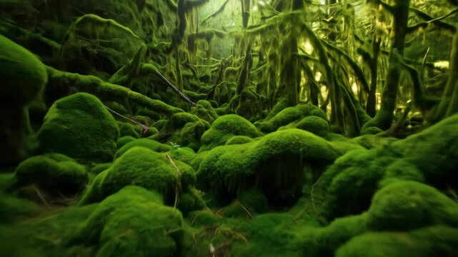 Lush vibrant green moss covered forest floor and trees in nature woodland. Scenic natural light in idyllic landscape environment with mossy terrain.