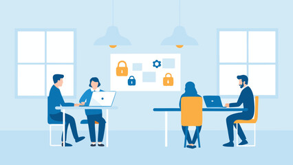 Obraz premium People working at desks in an office with laptops and a security themed whiteboard in the background