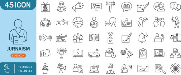 Journalism & Media Icon Set, News, Microphone, Report, Camera, Media, Press, Editable