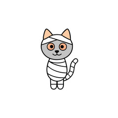 Mummy cat with bandages and tail poking