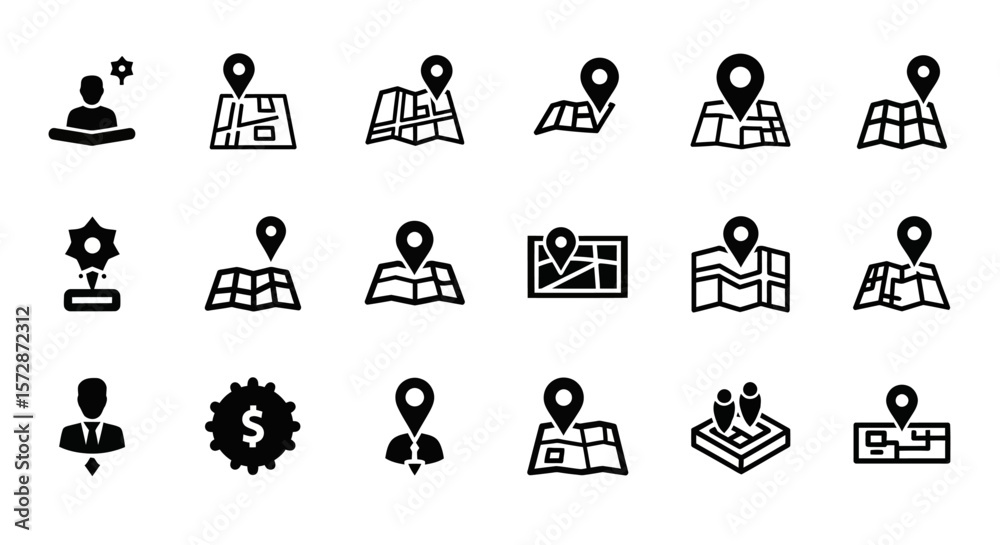 Poster set of vector icons collection of location icons with maps and markers. vector illustrations. eps ed