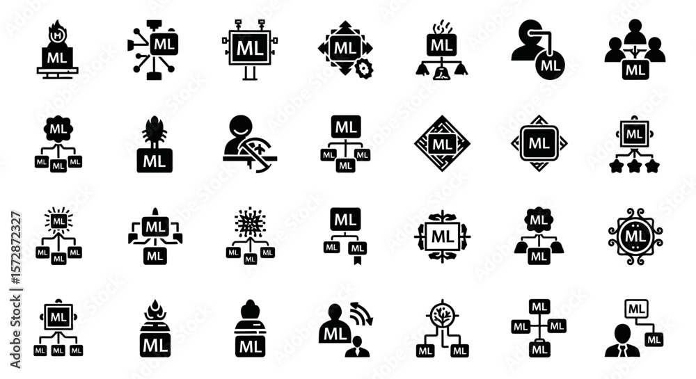 Poster set of vector icons collection of machine learning ml icons with various representations. vector ill