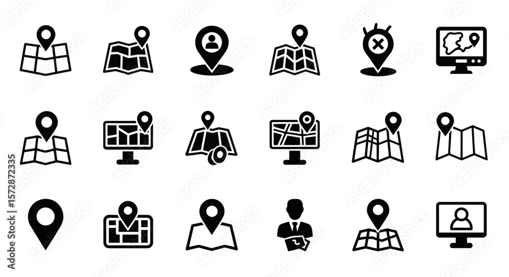 Poster set of vector icons collection of location icons with maps and markers 1. vector illustrations. eps 