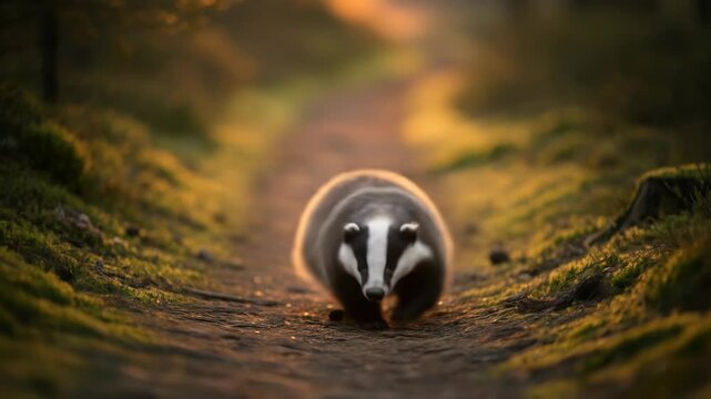 European badger walking on path through forest at sunrise. Animals, wildlife, nature.