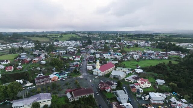 Flyover of UNESCO World Heritage Church of Chonchi Chiloe 
