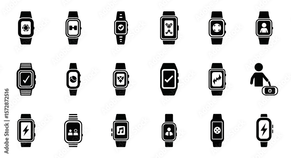 Poster set of vector icons collection of smartwatch icons with various app displays. vector illustrations. 