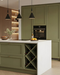 Side view of modern olive green kitchen island with wine rack, white countertop, and warm lighting in a cozy home interior