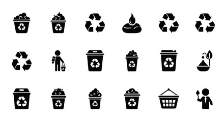 Set of Vector Icons Recycling Icons Set with Various Waste Containers and Actions. Vector Illustrations. EPS Editable