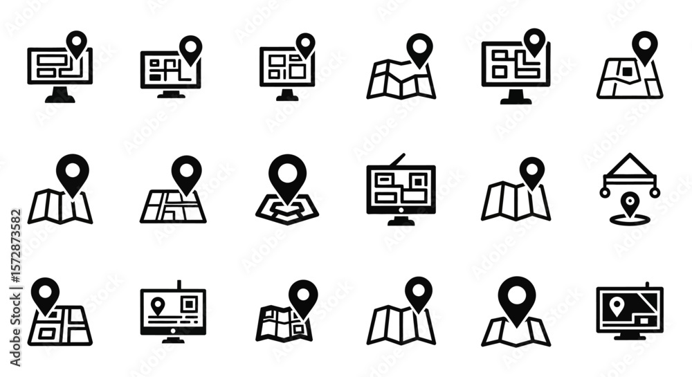 Poster set of vector icons black navigation icons maps monitors and location pins for wayfinding. vector il