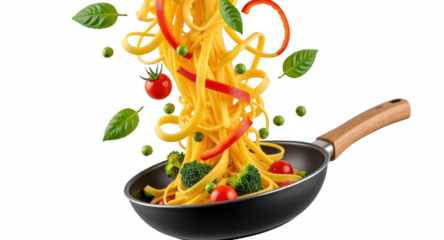 Delicious pasta dish with vibrant vegetables, including tomatoes, broccoli, and bell peppers, creating colorful culinary scene