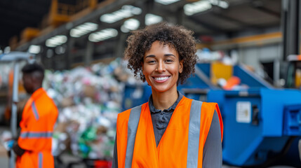Happy African American woman worker in orange safety vest at recycling facility warehouse. Professional portrait of diverse employee in waste management center.