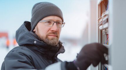 Professional electrician working on electrical panel during cold winter weather. Skilled technician in protective gear performing maintenance and repair work in harsh outdoor conditions.